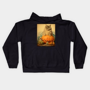 Weird Vintage Fat Cat and Pumpkin Halloween Collage - Whimsical Retro Charm Kids Hoodie